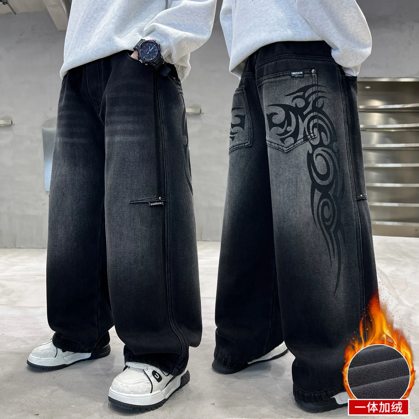 Stylish Teen Children's Insulated Fleece Loose Denim Pants Age 4-14Y Boys Jeans Black Gothic Trousers Kid Autumn Winter Trousers