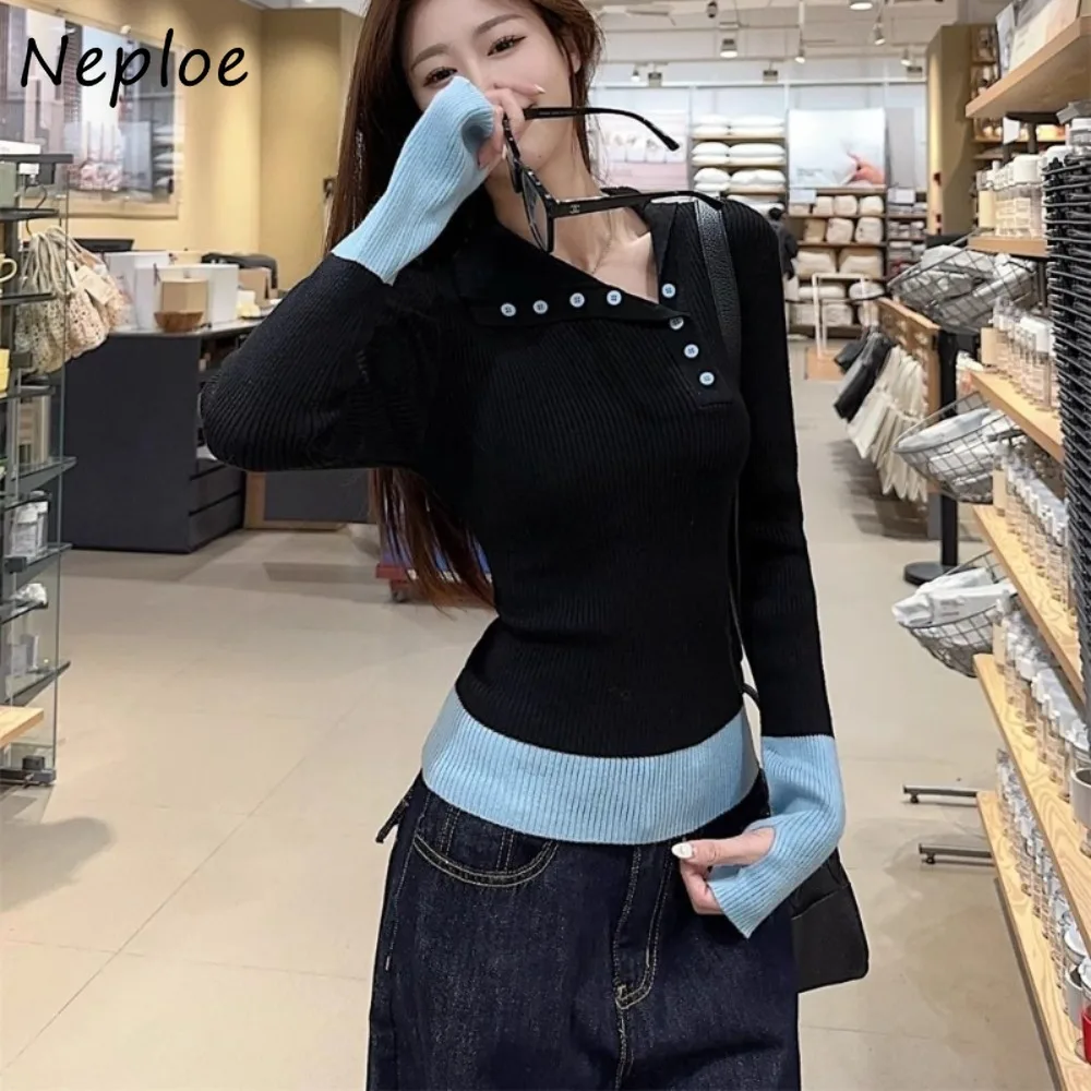 

Neploe Minority Panelled Patchwork Turn-down Collar Knit Wear Slim Elegant Pullover Undershirt Casual Moda Fresh All-match Mujer