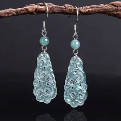 Natural A-grade Jade Blue Water Ruyi Earrings S925 Silver Inlaid Ice Jadeite Stone Gifts Ancient Style Women's Jewelry Drop Ship