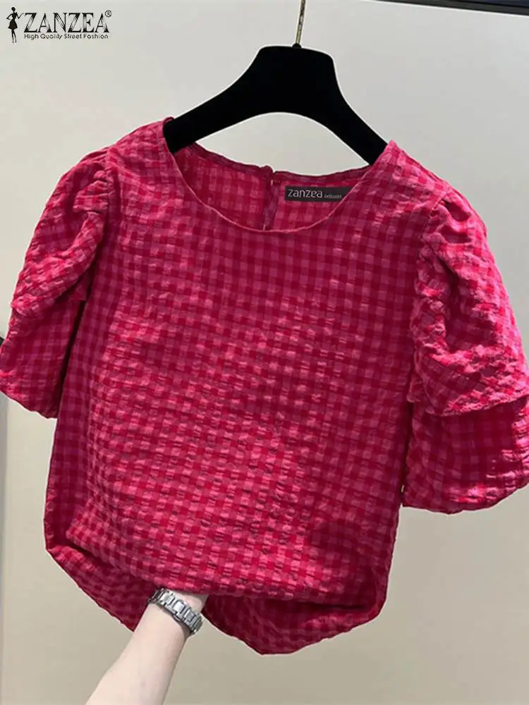 ZANZEA Women Summer Gingham Checked Blouses Casual Short Puff Sleeve O Neck Blusas Leisure Everyday Wear Commute Shirts Tops