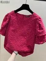 ZANZEA Women Summer Gingham Checked Blouses Casual Short Puff Sleeve O Neck Blusas Leisure Everyday Wear Commute Shirts Tops