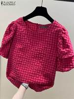 ZANZEA Women Casual Checked Blouses 2024 Summer Short Puff Sleeve O Neck Gingham Blusas Leisure Commute Everyday Shirts Tops
