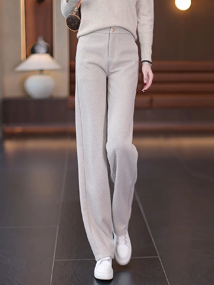 

High Waist Straight Leg Trousers Women's Autumn Winter Woolen Suit Casual Wide Leg Pants Draping Slimming Effect