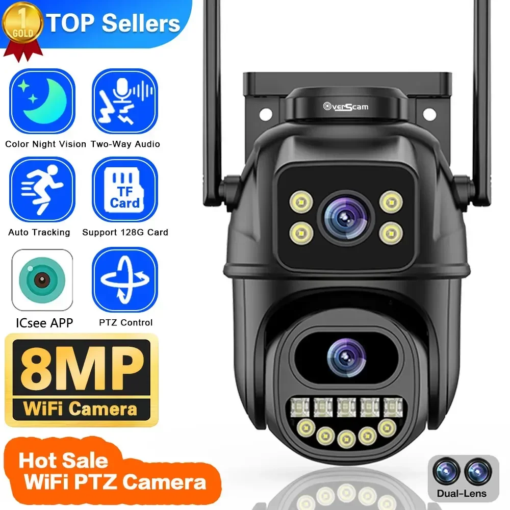 

8MP 4K IP Camera Dual Lens Dual Screen PTZ Wifi Camera Outdoor Waterproof Security Video Surveillance Camera Police Light Alarm