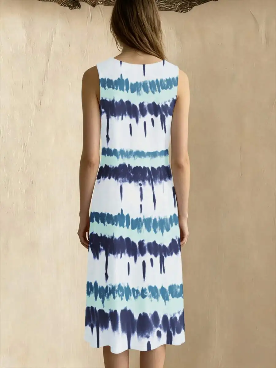 

V Neck Sleeveless Tie Dye Print Long Dress For Women Summer Beach Vacation