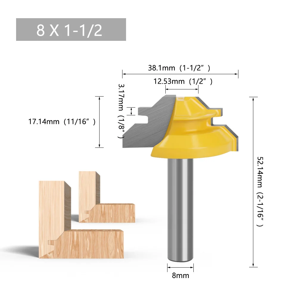 1pcs T Shaped Router Bit for Wood Carpentry 8mm Shank Tongue Woodworking Groove Router Bit 45 Degree 1/4 3/8 1/2 8mm x 2 Inch