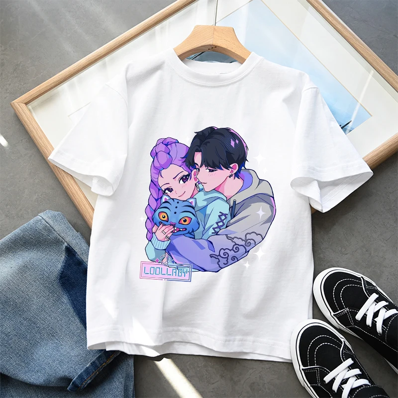 KPop شيطان الصيادين تي شيرت بنين بنات موضة الكرتون قصيرة الأكمام الأطفال أنيمي عادية القطن تي شيرت طفل ملابس المنزل أفضل هدية