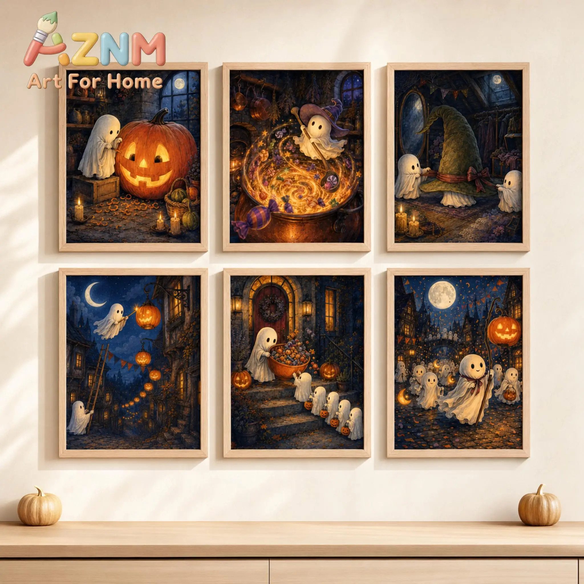 Cute Ghost Halloween Wall Art Retro Dark Fairy Tale Pumpkin Moon Poster Canvas Prints Home Living Room Halloween Decor Unframe