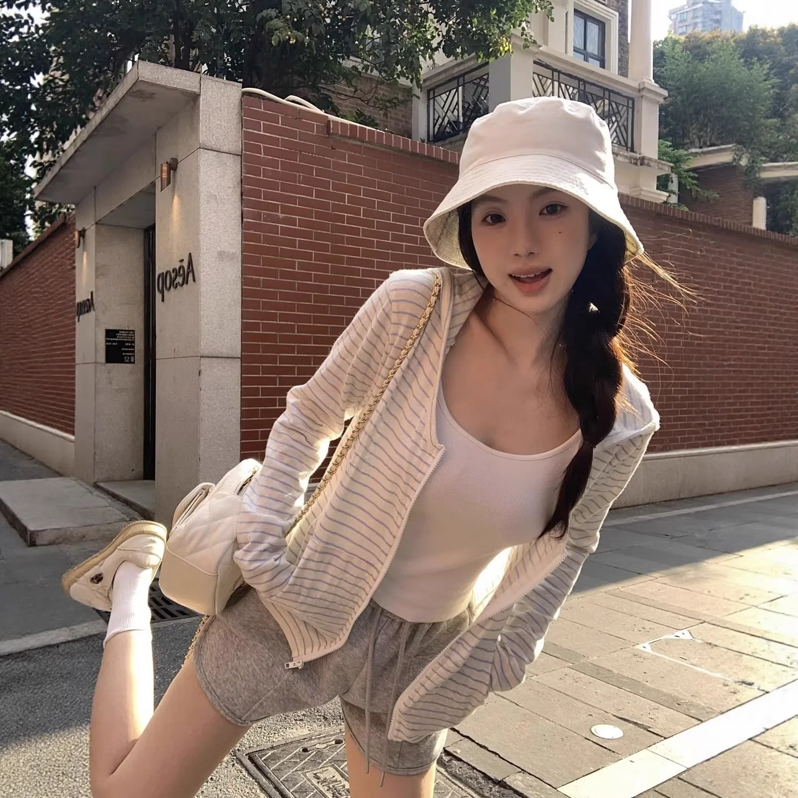 Laid-back Striped Zipper Long Sleeve Hooded Open Cardigan Women's Short Sun Protection Cover Shirt Top