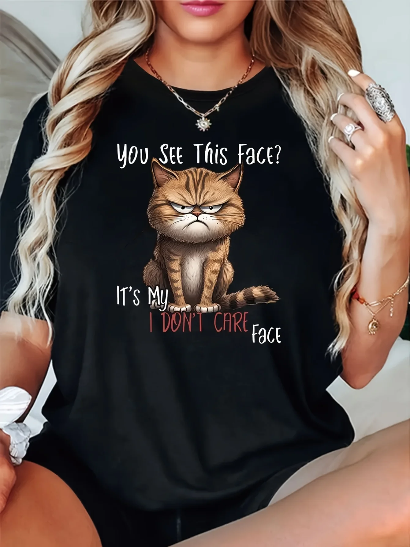 

Soft Breathable Women's Black Cat Graphic Print T-Shirt - "You See This Face" Sassy Design, Round Neck Short Sleeve Top