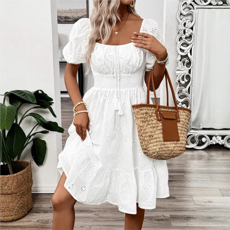 

Summer Elegant Women White Olive Square Collar Waist Cinched Dress Women's Fashionable Hollow Flower Short Sleeved Midi Dresses
