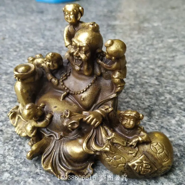 Bronze antique collection imitation brass five son play Buddha Cai cloth bag monk Buddha small ornaments