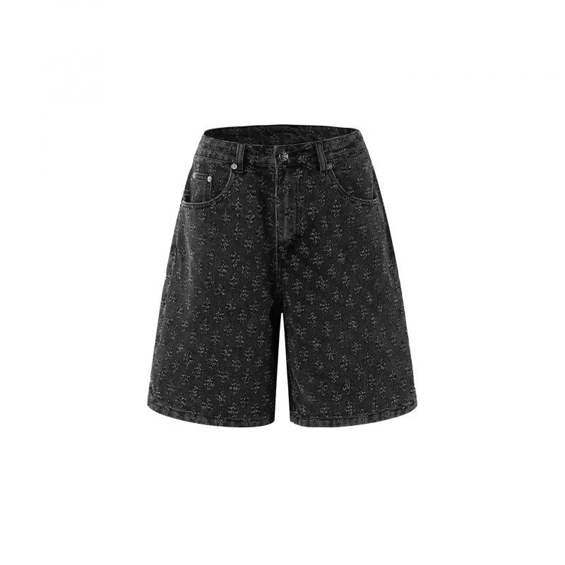 Men's Vintage Style Denim Shorts with Baroque Grape Leaf Pattern, Loose, Straight, Trendy, Casual for Daily Wear, 5 Inches Long