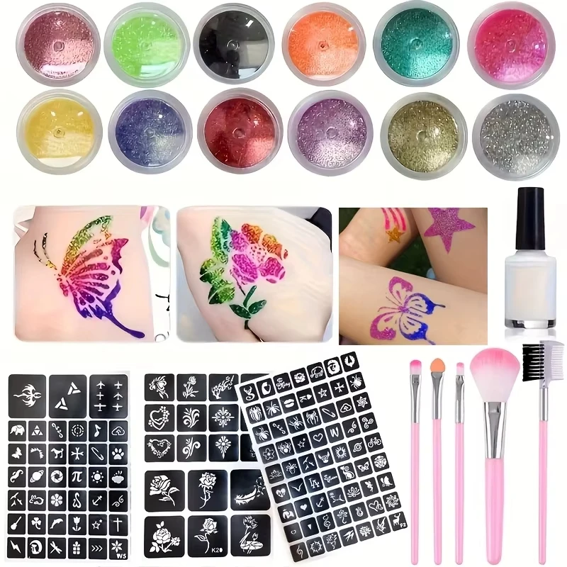 12 Farben glitzerndes DIY-Flash-Tattoo, inklusive mehreren Tattoo-Vorlagen, Kleberpinsel-Set, DIY Glitzer-Cartoon-Aufkleber-Tattoo-Set