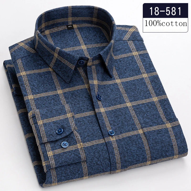 New in Shirt High-quality Plus Size 100% Cotton Sanding Long-sleeve Shirts for Men Casual Shirt Plaid Tops Single Pocket Clothes