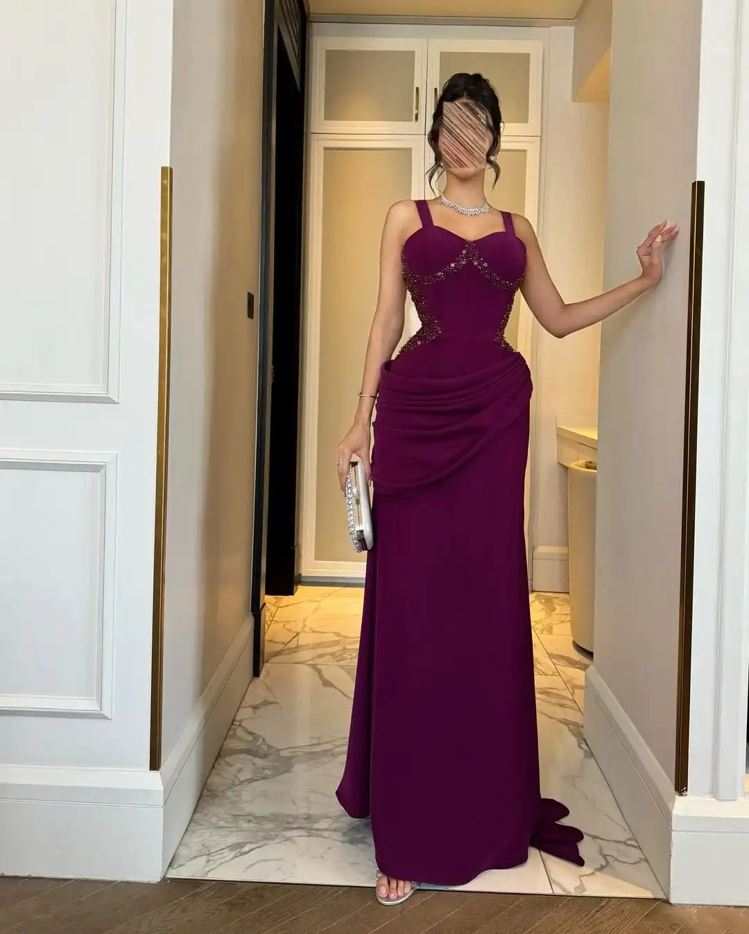 

New Design Spaghetti Straps Crystal Beaded Corset Waist Pleated Train Bodycon Mermaid Evening Prom Formal Party Elegant Dress