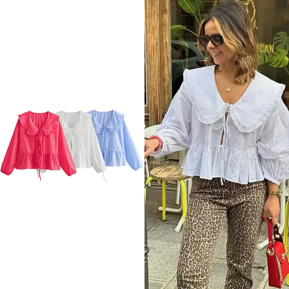 Women Ruffles Shirt 2024 Fashion Ladies Peter Pan Collar Blouses for Women Chic Bow Buttons Tops Clothes