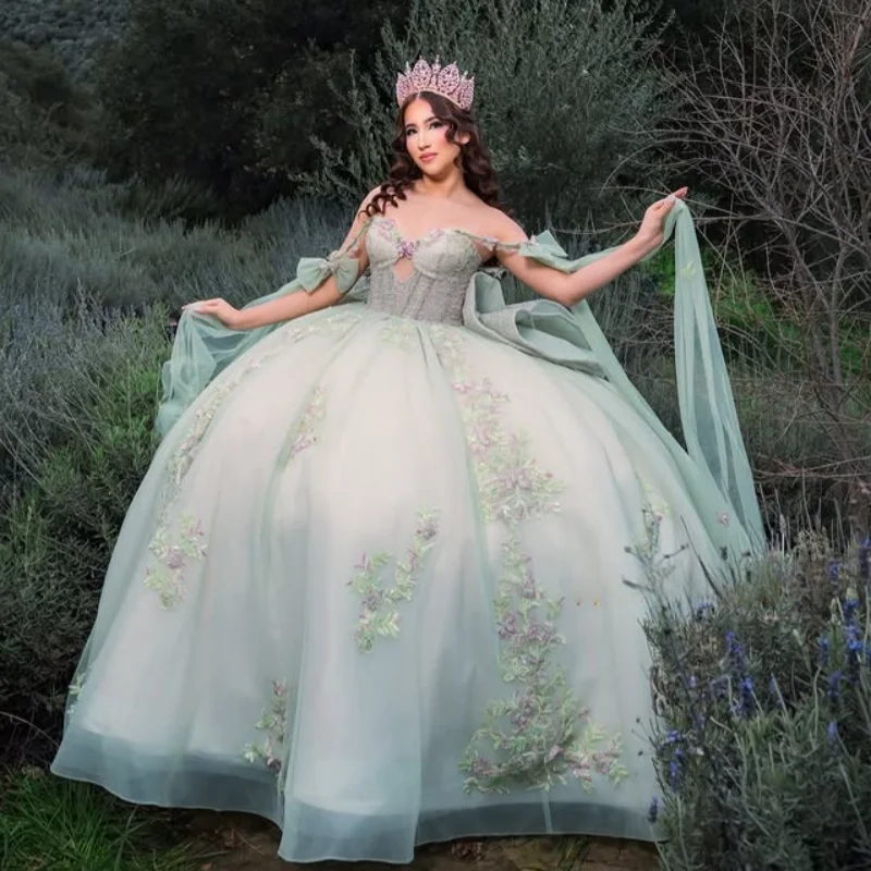 

Mint Green Quinceanera Dresses Off the Shoulder Glitter Crystal Decal 3D Flower Long tail Bow Vestido 15 Quinceanera Customized