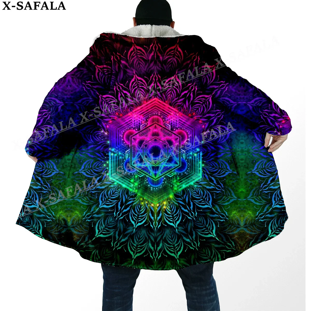 Hippie Psychedelic Colorful Trippy 3D Print Dream Cloak Thick Warm Hooded Men Overcoat Coat Windproof Fleece Cape Robe Blanket-1