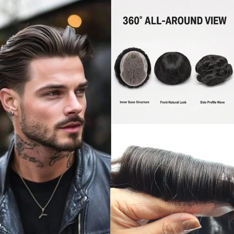 Real Human Hair Q6 Base Men Wig 7x9 6inch 30mm Wave Lace+PU Hand-Tied Remy Hair Ready Stock 72H Ship Wholesale Dropship