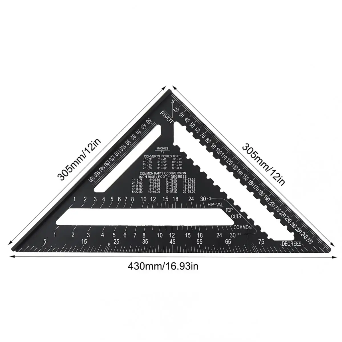 12 Inch Metric / Imperial Scale Aluminum Alloy Triangular Measuring Ruler for Woodworking / Drawing, Portable Angle Protractor