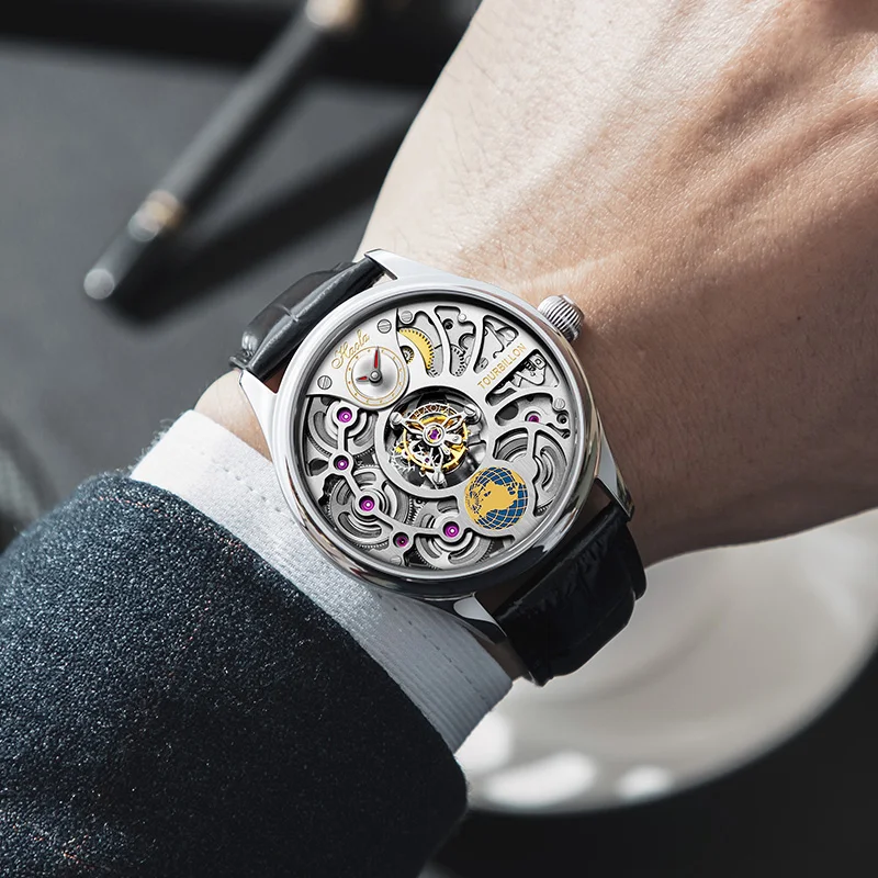 Haofa Mechanical watch Man Skeleton Tourbillon Hollow Multiple dimensions Rotating 316 Stainless Steel Sapphire Crystal 1037