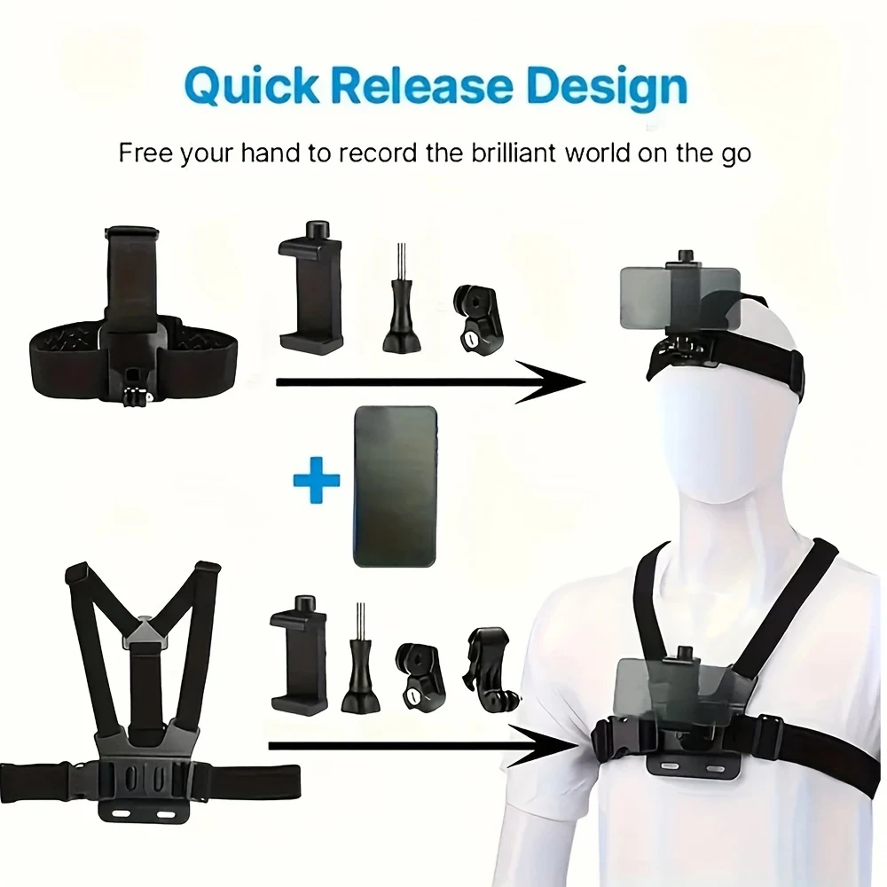 All-in-One Action Camera Accessories Kit Head Strap Chest Strap Mount Adjustable Camera Kit Chest Strap For GoPro & Mobile Phone