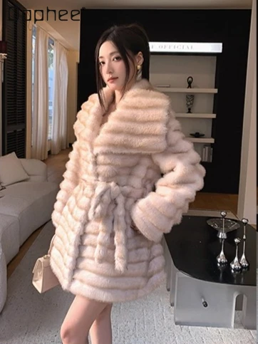 Light Luxury Socialite Large Lapel Fur Winter New Elegant High-End Striped Belt Slim Mid-Length Eco-Friendly Fur Coat for Women