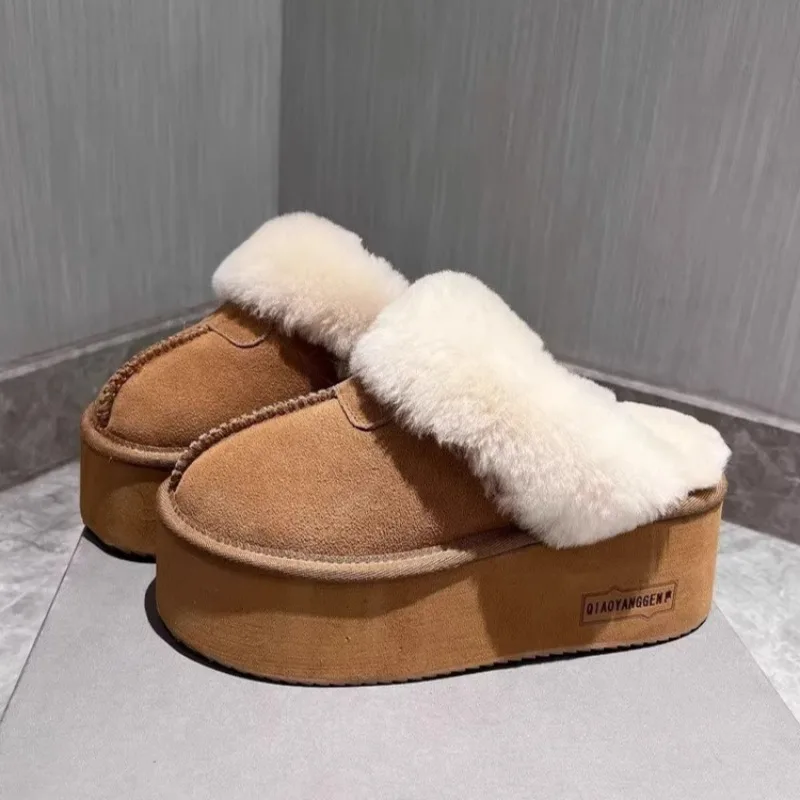 

Women Fur Platform Suede Slippers Brand Flats Plush Cotton Shoes Winter Warm High Heels Shoes 2025 Trend Slingback Zapatos Mujer