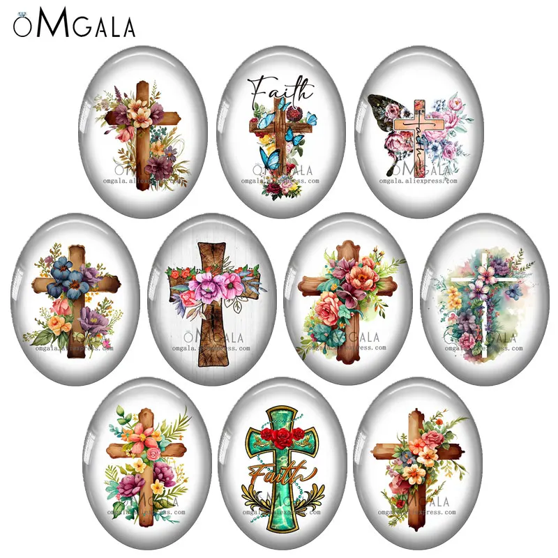 Cruz Aquarela com Floral Art Patterns Mix, Foto Oval, Cabochão De Vidro, demo Flat Back, Making Findings, 13x12mm, 18x25mm, 30x40mm