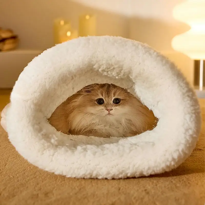 Linen Fabric Bed Cave Cozy Cat Bed Cave Soft and Comfortable Cat Beds Easy Access Cat Sleeping Bag with Cute Bear Pattern