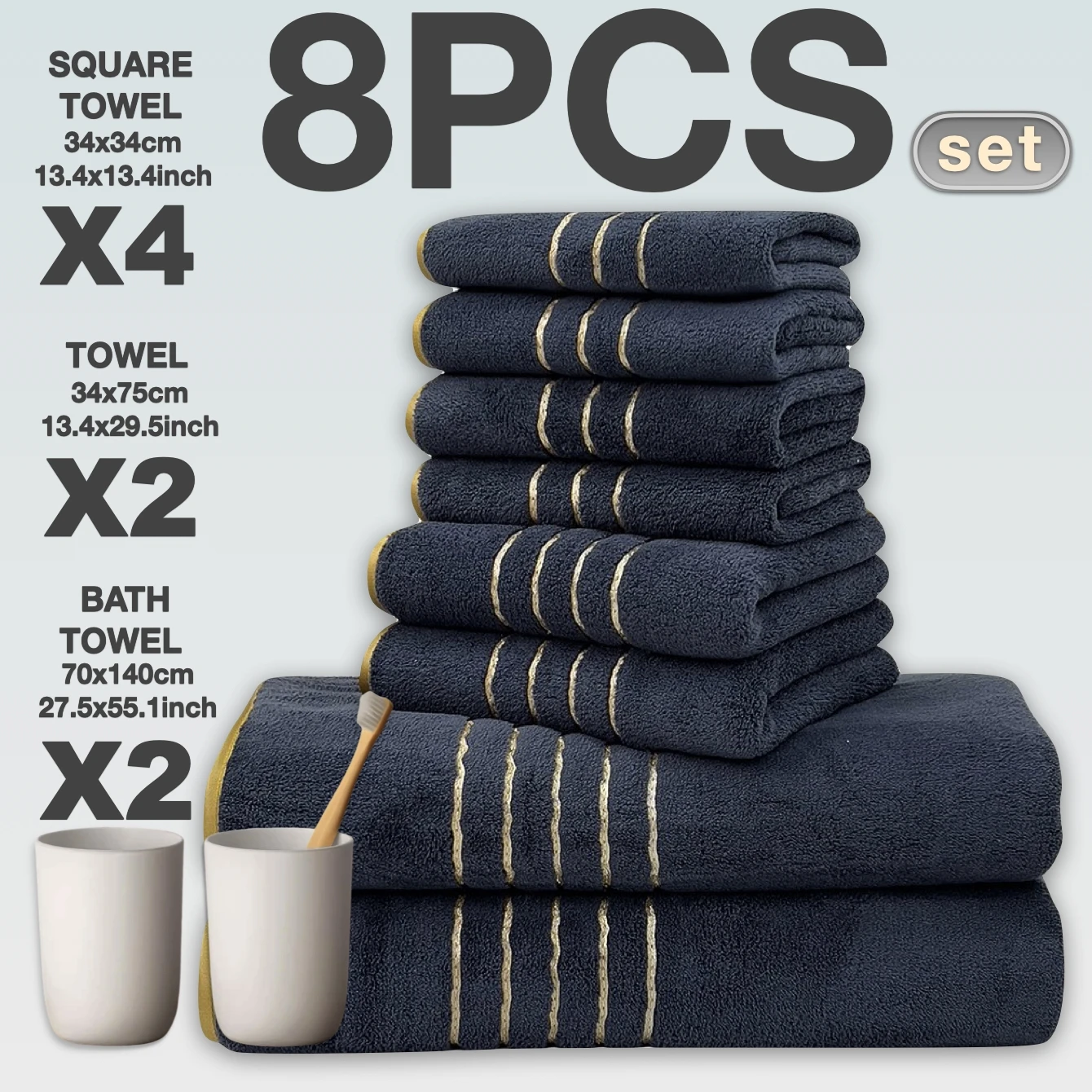 2/3/6/8 Pcs Bath Towel Set White & Gray with Gold Accents, Soft Absorbent Premium Towels for Home, Hotel & Bathroom image 3