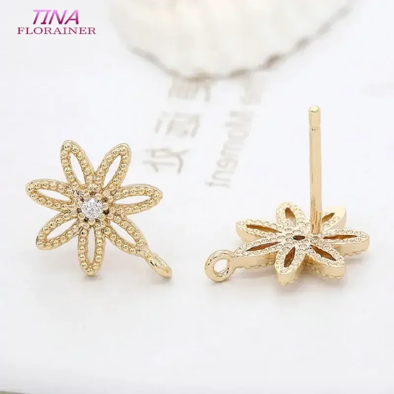 12*10MM 14K Gold Color Brass and Zircon Flower Stud Earrings Jewelry Making Supplies