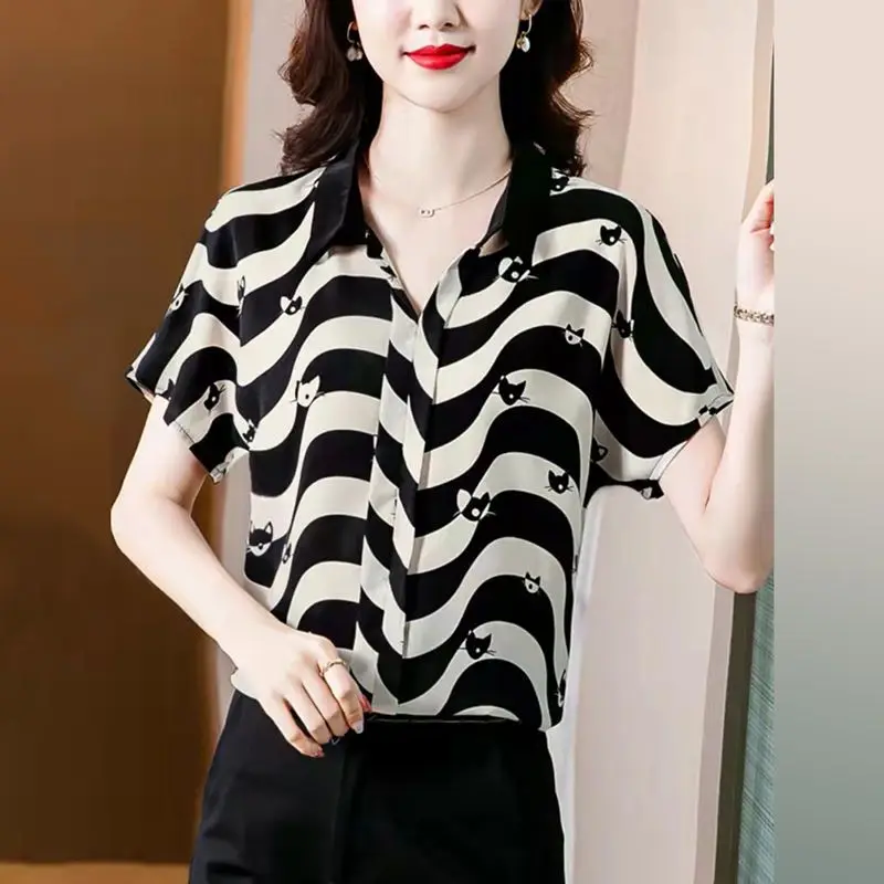 Elegant Chiffon Striped Office Shirt Tops Summer New Polo Neck Short Sleeve Thin Printing Blouse Vintage Fashion Women Clothing