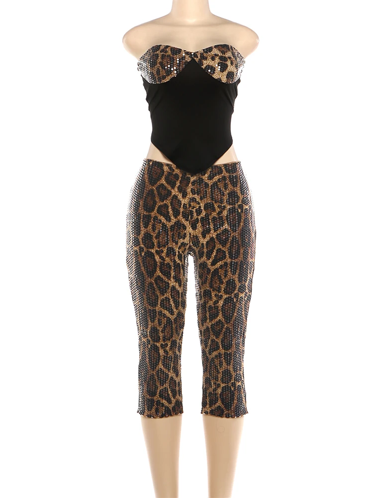 Kliou Leopard Print 2-Teiliges Set Frauen Pailletten Patchwork Backless Rohr Tops + Elastische Taille Shorts Hot Girl Straße sexy Mode Anzug