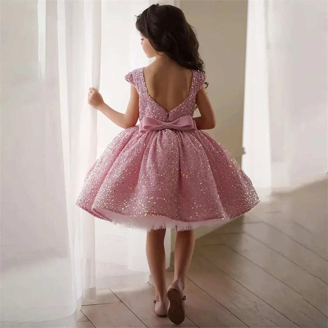 Flower Girl Dresses Pink Tulle Puffy Sequin With Bow Short Sleeve For Wedding Birthday Party Banquet Princess