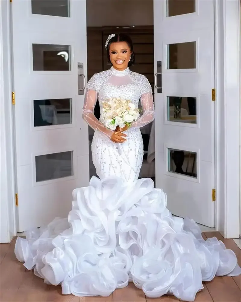

Customized African Spark Pearls Beads Long Sleeves Mermaid Wedding Dress Vestidos De Novia Bridal Gown with Cascading Ruffle
