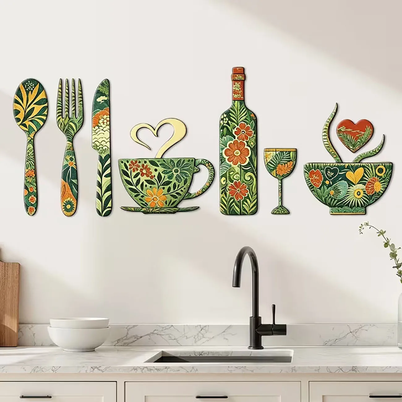 7Pcs Green Floral Kitchen Utensil Wooden Wall Decor with Double-sided Nano Tape for Dining Room