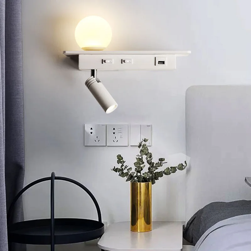 LED Interior Wall Light USB Interface Glass Ball And Spot Lamp Wall Bracket Sconce Lamp Iron Body Shelf With Two Separate Switch