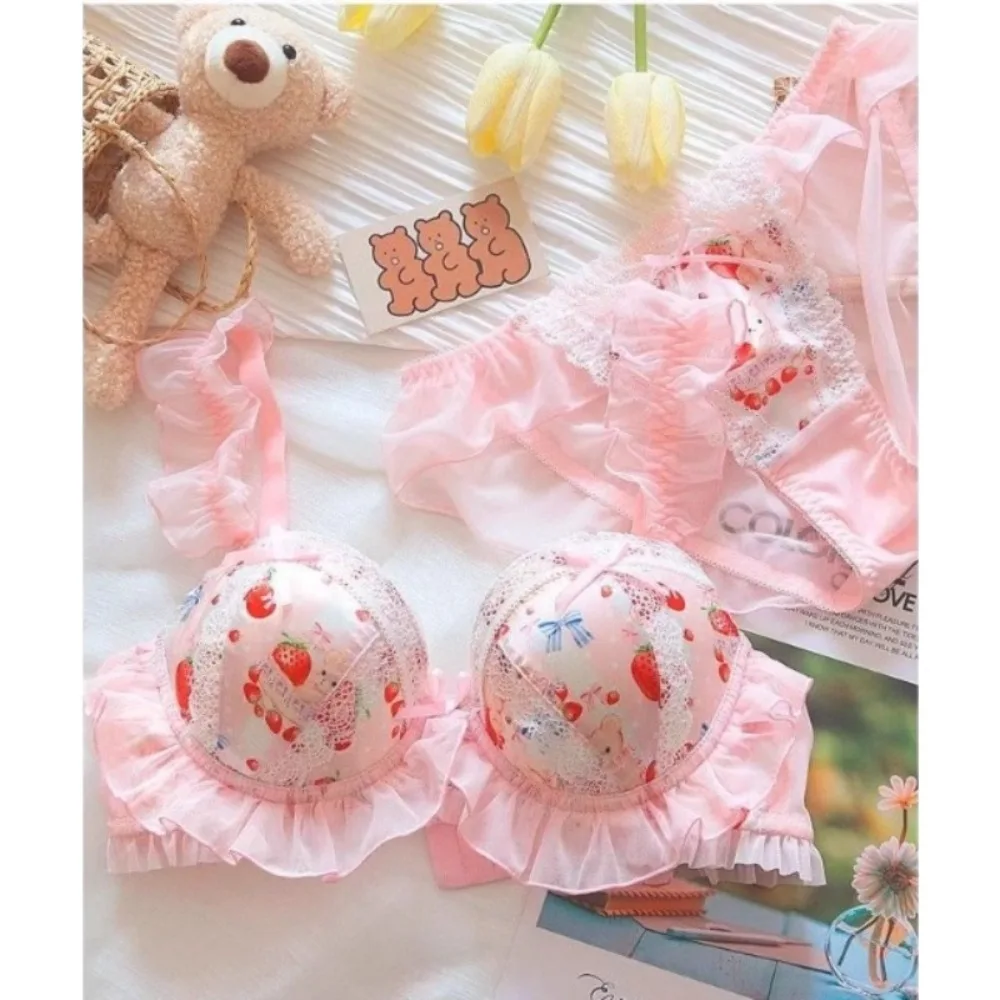 MOYISU Pure Desire Cute Lolita Princess Style Underwear Day Soft Cute Bear Small Chest Pull Together No Underwire Bra Set
