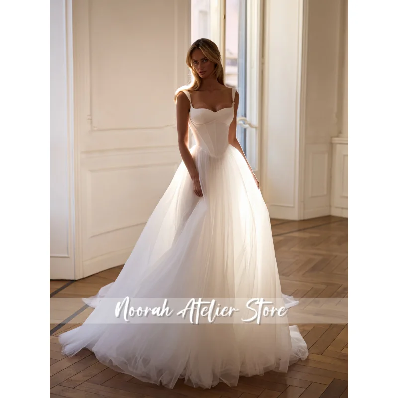 Simple Tulle Beach Wedding Dresses Boned Corset Basque Waist A-Line Long Boho Bridal Gowns Lace Up Back Customized