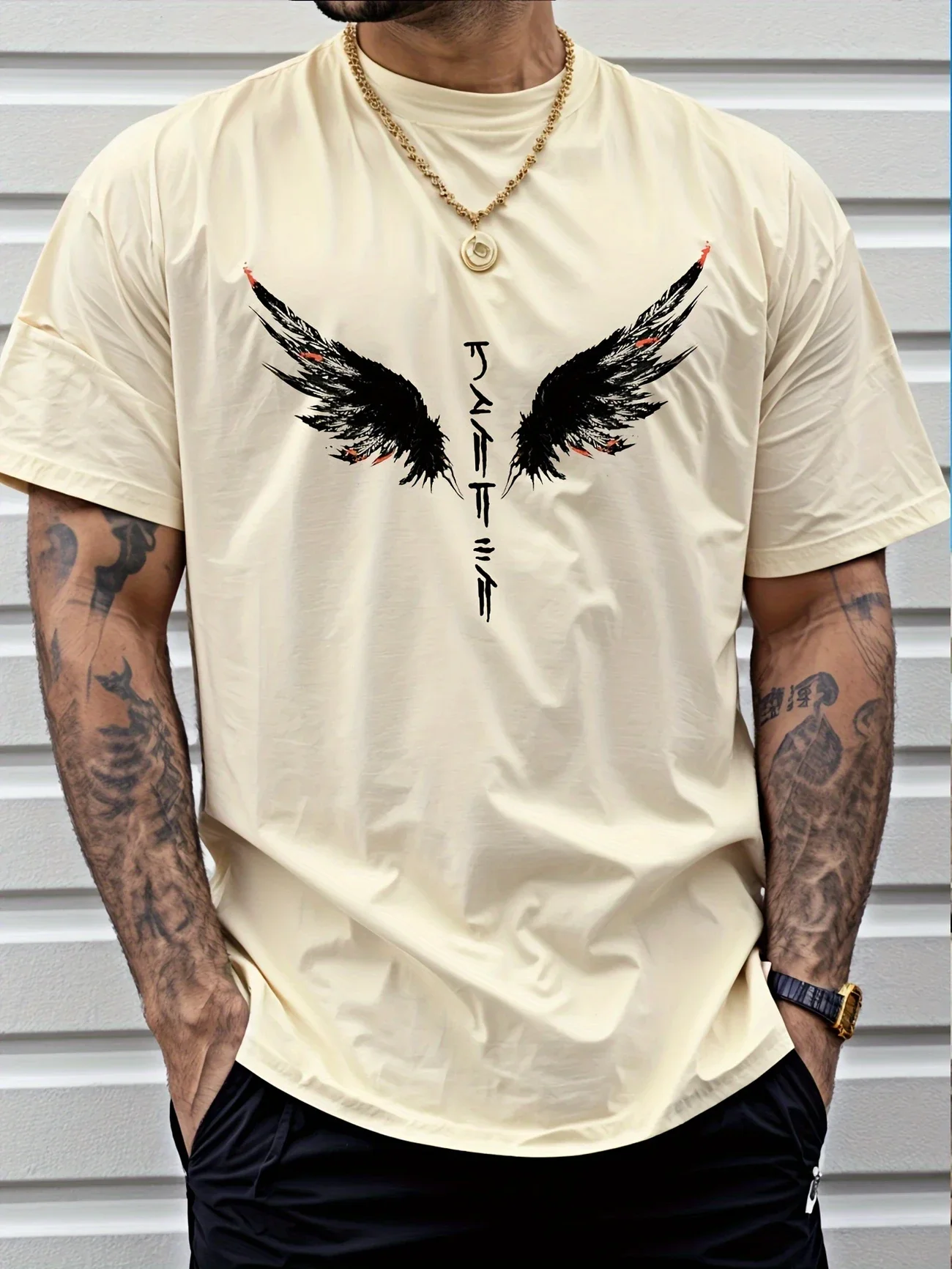 Summer New T-shirt Men's Angel Wings Japanese Two tone Printed Sports and Leisure Versatile Short Sleeve Cool T-shirt