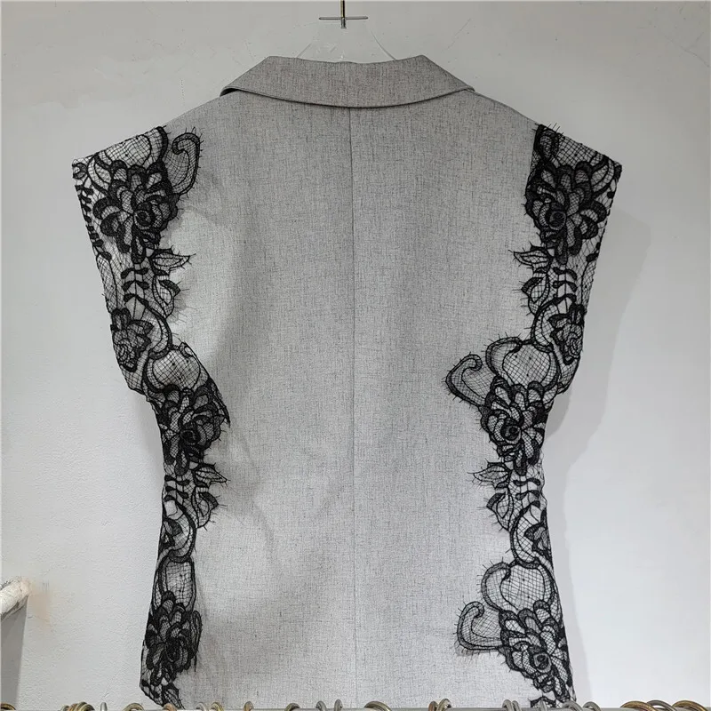 HKSH Herbst Neue frauen High Street Flut Trendy Spitze Patch Design drehen-unten Kragen Einzigen Taste Beiläufige Elegante weste HK7803