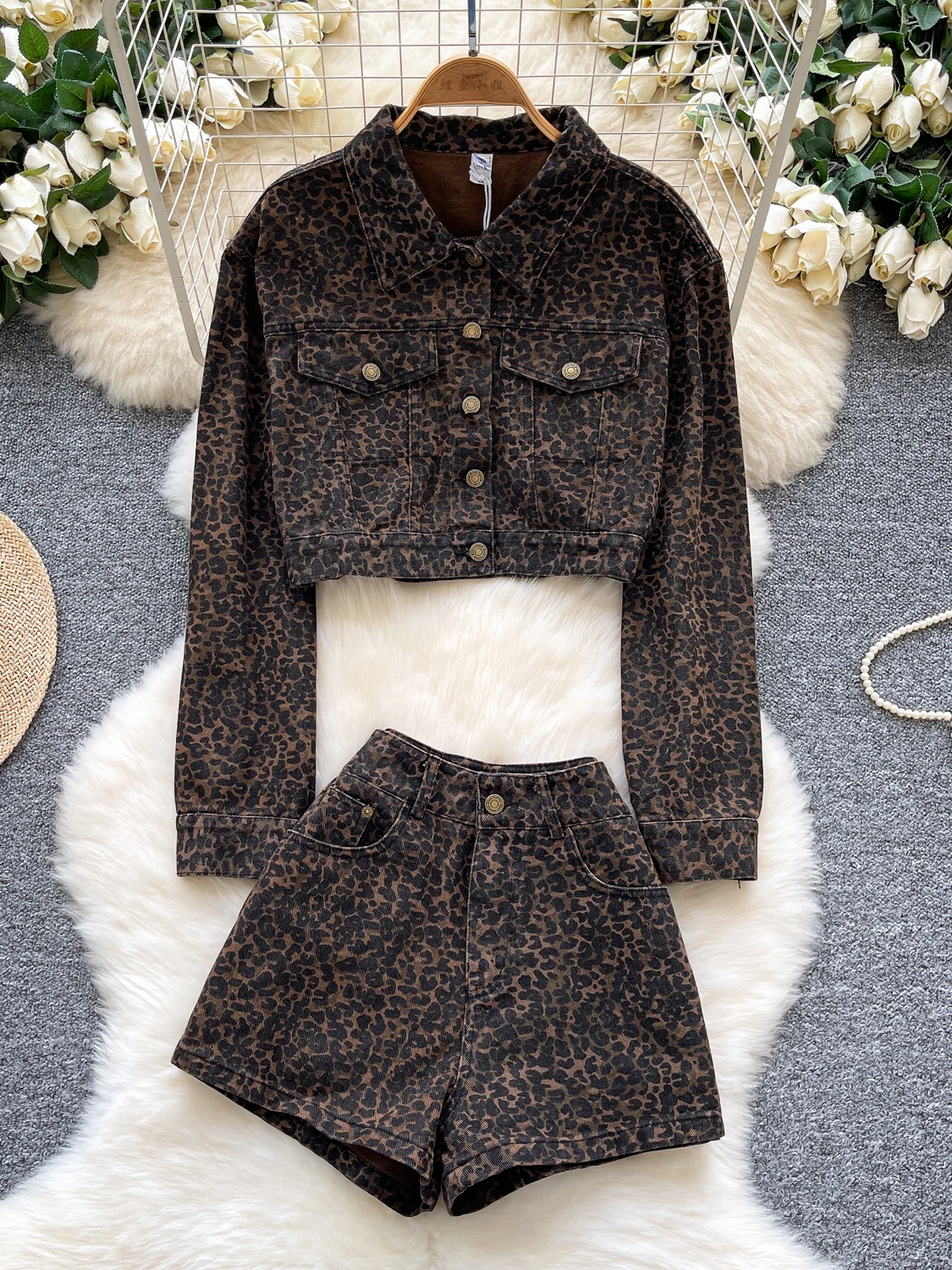 

Sweet Cool ort Leopard Print Denim Jaet Women's High Waist Casual orts Two Piece Set Faionable Sli Long Sve