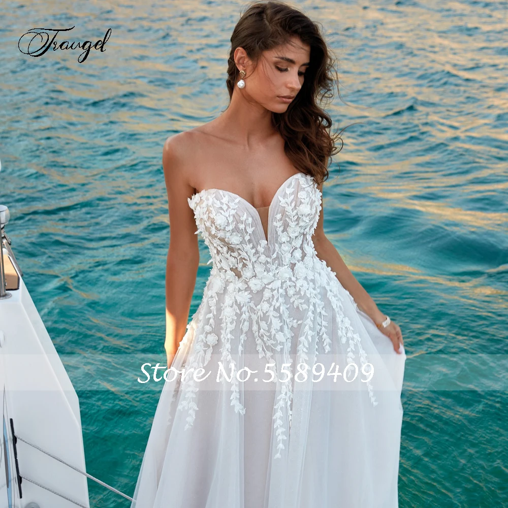 Traugel Sexy dos nu bretelles fleurs Vintage robes de mariée exquise Applique perlée Court Train pli une ligne robe de mariée