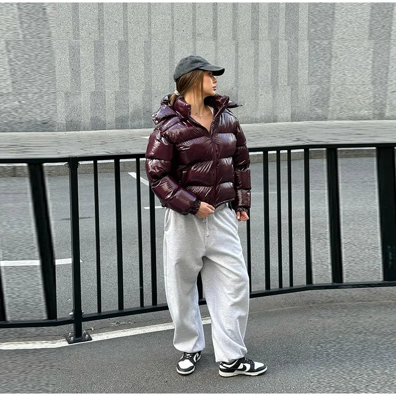 Fashion Glossy Padded Jacket Women's Solid Hooded Long Sleeve Zipper Warm Down Coat 2026 Autumn Winter New Lady Casual Outerwear