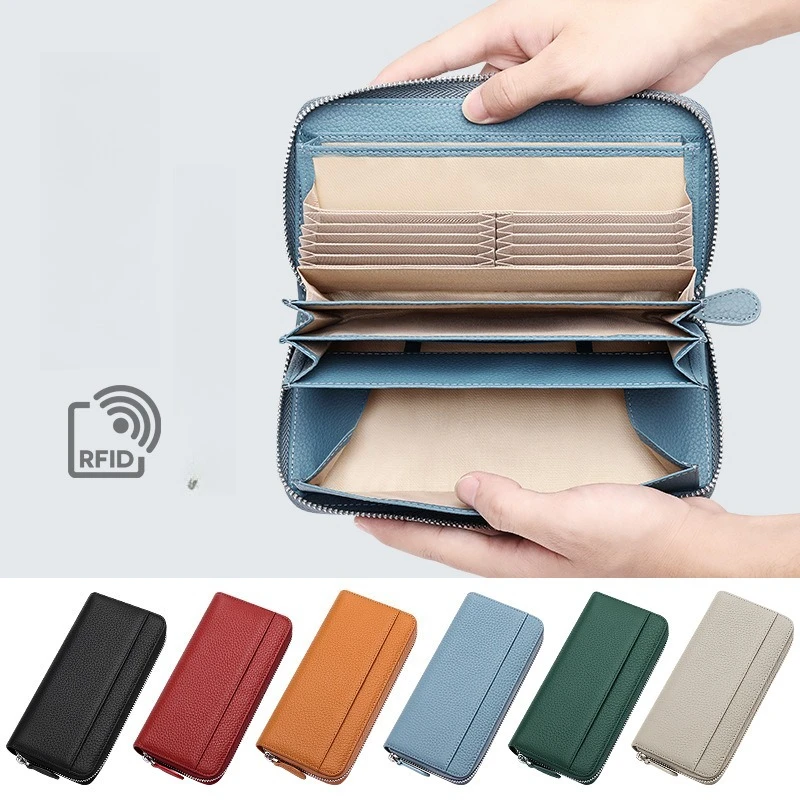 Women's Long Wallet Cowhide Long Handheld Bag Purse Organ Card Bag Multiple Card Positions Large Capacity Phone Bag Zero Wallet