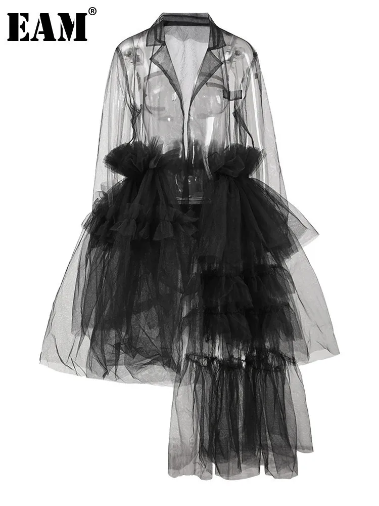 

[EAM] Женский черный сетчатый длинный пиджак с оборками, новая куртка с длинными рукавами и лацканами, модная весна-лето 2024, CPDB110