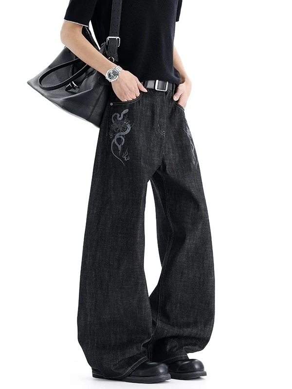 Calça Jeans Flare com Estampa de Osso de , Casual, Azul Original, Unissex, Verão, Caimento Solto, A-Line, Perna Reta Sli...