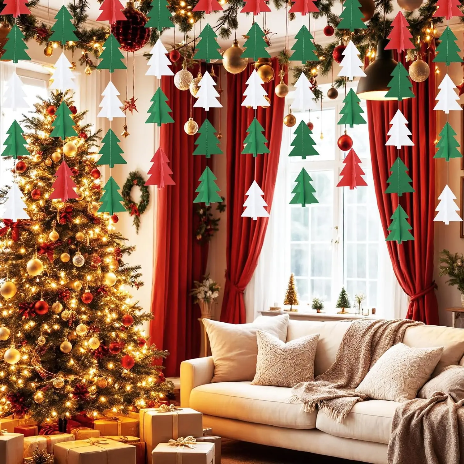 

3D зеленая рождественская елка, бумажные гирлянды, украшения, кулон, 2,5/3,8 м, бумажная веревка для украшения тематической вечеринки с Рождеством